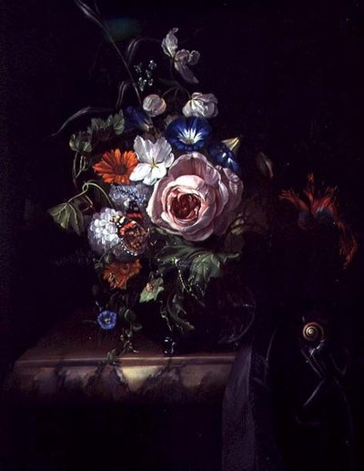 Růže a jiné květiny ve skleněné misce (olej na plátně) od Rachel Ruysch