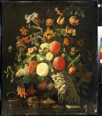 ""Kytice květin"" (Květiny) Na stole jsou šperkovnice. Obraz Rachel Ruysch (1664-1750) Muzeum umění Michaila Krošitského z 18. století, Sevastopol (Sevastopol) Ukrajina od Rachel Ruysh
