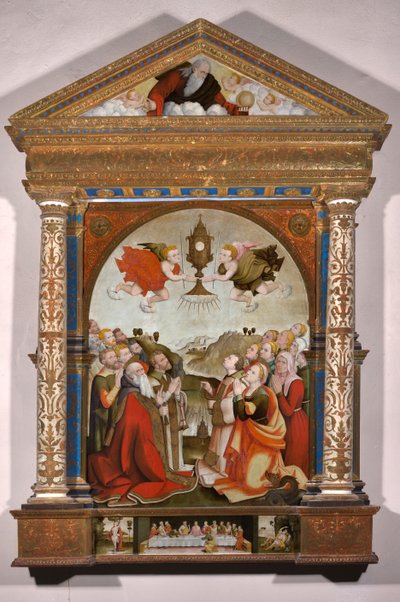 Oltářní obraz Klanění Nejsvětější svátosti v predelle: Poslední večeře, svatý Šebestián a svatý Roch od Raffaele De (fl.1514 1573) Pancalino