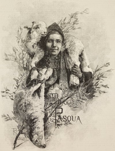 Veselé Velikonoce, mladý muž s jehněčím na ramenou, rytina z obrazu Raffaele Faccioliho (1836-1914), z L