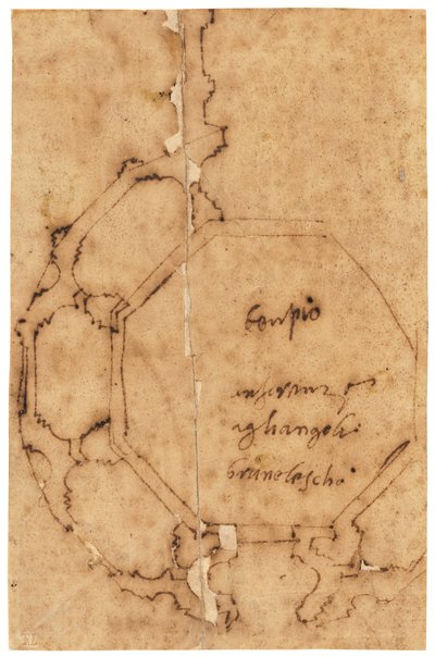 Půdorys katedrály Santa Maria degli Angeli ve Florencii (pero a hnědá tuš, na mastném pauzovacím papíře) od Raffaello da Montelupo