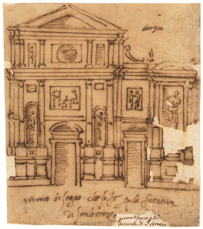 Návrh fasády San Lorenzo, Florencie (pero a hnědý inkoust, na mastném průklepovém papíře) od Raffaello da Montelupo