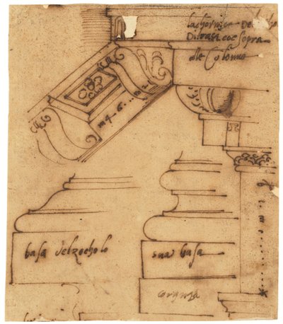 Náčrtky různých prvků Konstantinova oblouku, Řím (pero a hnědá tuš, na olejovaném pauzovacím papíře) od Raffaello da Montelupo