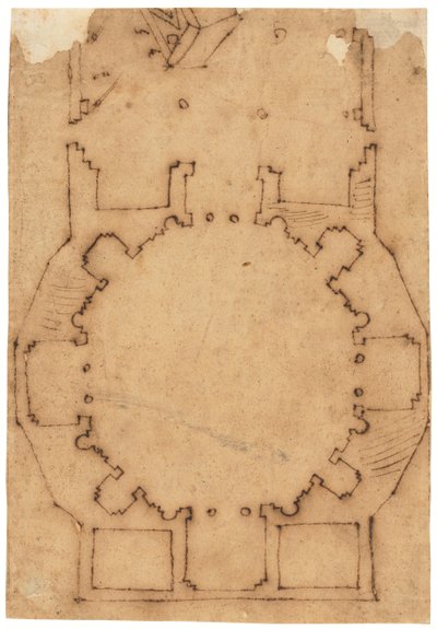 Půdorys kostela (perem a hnědou tuší na mastném pauzovacím papíře) od Raffaello da Montelupo