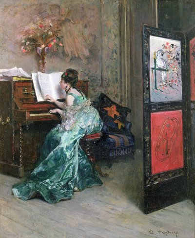 Dáma hrající na klavír v interiéru od Raimundo de Madrazo y Garreta