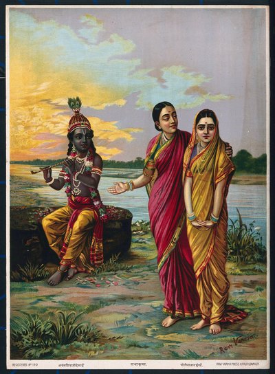 Krišna vyjadřující svou lásku k Rádhá prostřednictvím důvěrnice, po roce 1900 (barevné litho) od Raja Ravi Varma