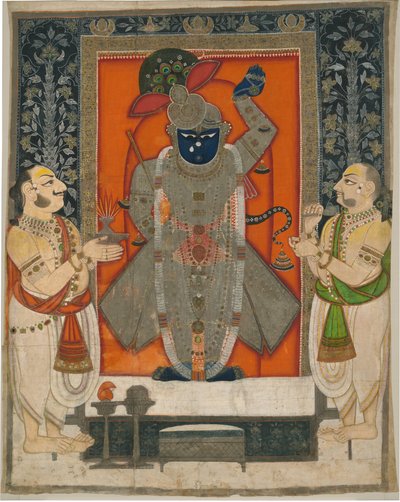 Kněží uctívající Krišnu jako Shrinathji na festivalu Mountain of Food [Annakuta utsava]; svatyně visící [pichhavai] od Rajasthan Kota school