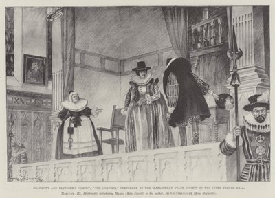 Beaumontova a Fletcherova komedie, The Coxcomb, v podání Elizabethan Stage Society v sále Inner Temple od Ralph Cleaver