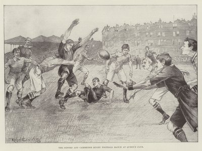 Fotbalový zápas Oxfordu a Cambridge v ragby v Queen