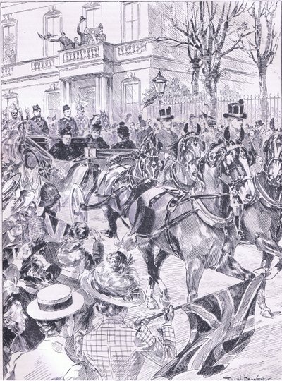 Poslední návštěva Queenů v Londýně v březnu 1900, ilustrace z Cassells History of England, 1900s od Ralph Cleaver