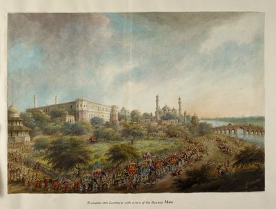 Skupina lorda Hastingse vjíždí na sloním hřbetě do města Lucknow, kolem roku 1814-15 (akvarel na papíře) od Ram Sita
