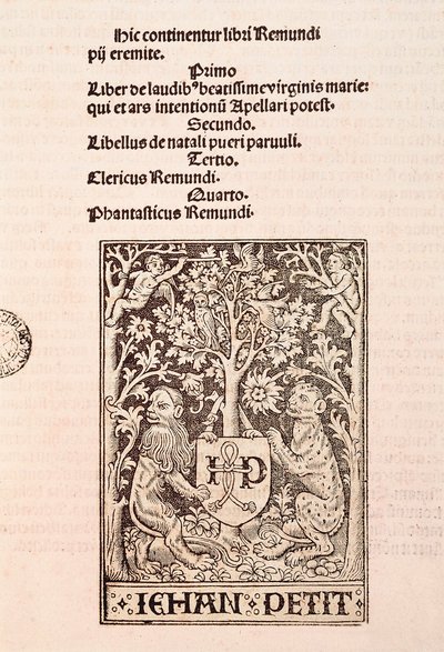 Strana kodexu "De Laudibus Beatissimae Virginis Mariae" od Ramona Llulla (1235-1315), zobrazující dva lvy držící erb tiskaře Jehana Petita od Ramon Llull