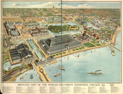 Pohled na Světovou kolumbijskou výstavu z ptačí perspektivy, Chicago, 1893. LOC 98687181 od Rand McNally and Company