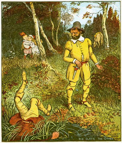 „A ten, kdo byl nejmírnější nálady, tam toho druhého zabil“, ilustrace od Babes in the wood od Randolph Caldecott