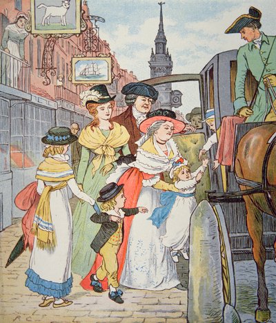 Rodinný život v koloniální Americe - Pouliční scéna v Bostonu (akvarel na papíře) od Randolph Caldecott