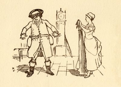 John Gilpin si k opasku připevňuje láhve vína, 1878, c1918. od Randolph Caldecott