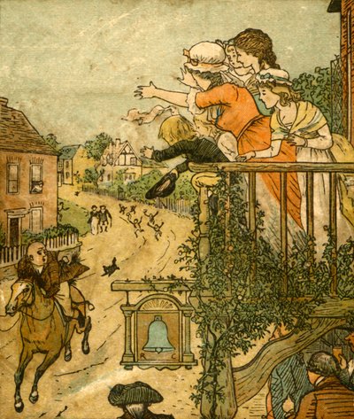 John Gilpin cválá kolem Bell Inn, zatímco jeho žena a děti mávají z balkónu, 1878, c1918. od Randolph Caldecott