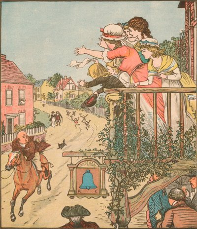 John Gilpin cválá kolem Bell Inn, zatímco jeho žena a děti mávají z balkónu, 1878, c1918. od Randolph Caldecott