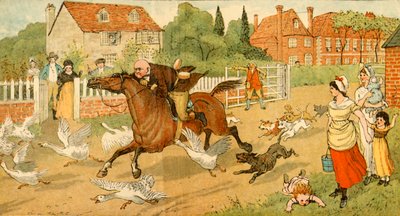 John Gilpin cválá vesnicí, 1878, c1918. od Randolph Caldecott