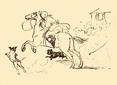 John Gilpin je pronásledován psy, když jeho kůň cválá mimo kontrolu, 1878, c1918. od Randolph Caldecott