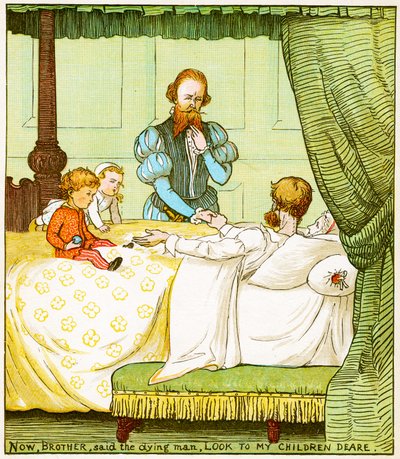 "Nyní, bratře, řekl umírající muž, podívej se na mé děti, drahé," ilustrace od Babes v lese od Randolph Caldecott