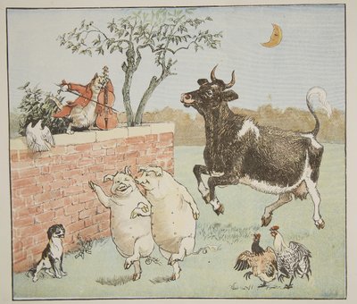 Kočka a housle, ilustrace z knihy "Hey Diddle Diddle and Bye, Baby Bunting", 1882 od Randolph Caldecott