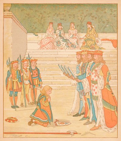 Knave of Hearts, přinesl zpět ty koláče a slíbil, že už nebude krást, 1880. od Randolph Caldecott