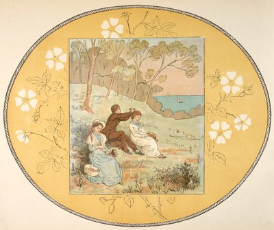 Dvě ženy a muž sedí na mýtině poblíž pobřeží. Květinové hranice. od Randolph Caldecott