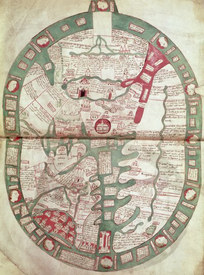 Roy.Ms.14 C. f.1 1v-2r Mapa světa s Jeruzalémem jako středem, Polychronicon, c.1380 (vellum) od Ranulf Higden