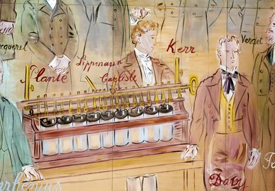 La Fee Electricite, detail: Portréty anglického chirurga Anthonyho Carlislea a anglického lékárníka Humphryho Davyho. 1937 (obraz) od Raoul Dufy