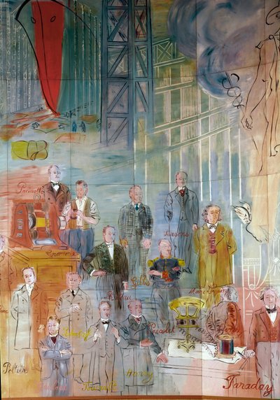 La Fee Electricite, detail: Portréty různých intelektuálů a vědců: Marca Seguina, Augusta Camilla Rateaua, Jeana Victora Celeta a Michaela Faradaye: Antonio Pacinotti, Zenobe Gram, Josiah Willard Gibbs, Charles Algernon Parsons, Marc Seguin. 1937 (malba) od Raoul Dufy