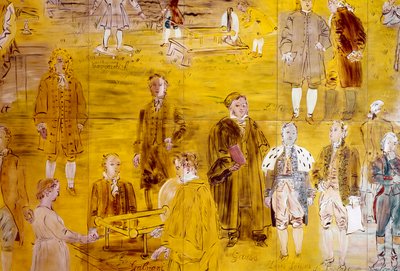 La Fee Electricite, detail: Portréty různých vědců: Le Monnier, Franz Aepinus, Denis Papin, Joseph Priestley, Luigi Galvani, Carl Friedrich Gauss, Simeon-Denis Poisson, Pierre Simon de Laplace a Charles de Coulomb. 1937 (malba od Raoul Dufy