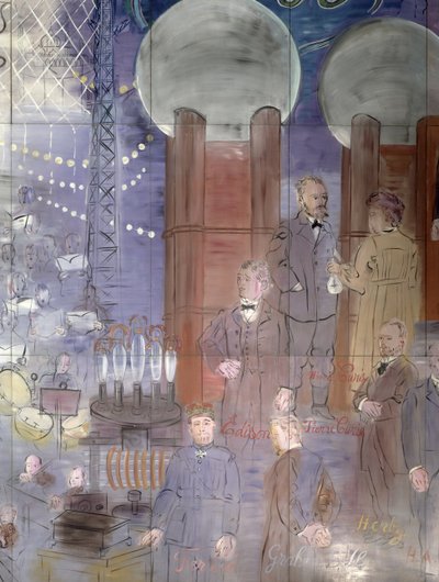 La Fee Electricite, detail levé strany s vyobrazením vědců od Raoul Dufy