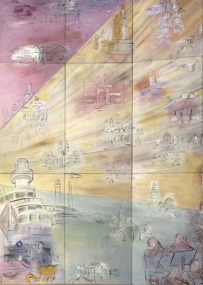 La Fee Electricite, detail levé strany s vyobrazením různých měst od Raoul Dufy