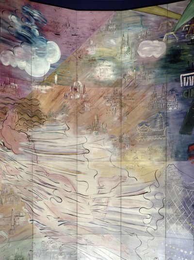 La Fee Electricite, detail levé strany s vyobrazením různých měst od Raoul Dufy