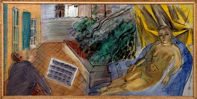 Nahá na terasu. Muž hraje na violoncello před partiturou a vedle něj poslouchá nahá žena. od Raoul Dufy