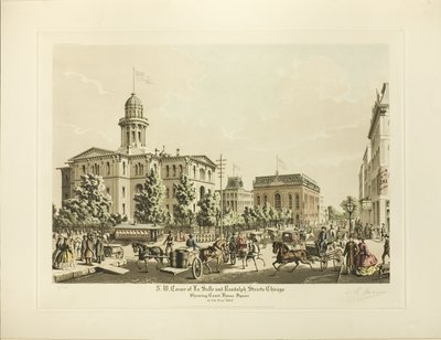 N. W. Corner of LaSalle a Randolph, Chicago, Showing Court House Square v roce 1864 od Raoul Varin