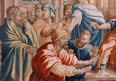 Vlámský gobelín. řada Skutky apoštolů. Elymas oslepl (La ceguera de Elymas). Sedmá tapisérie v sérii. Kreslený model od Rafaela Sanzia. 1519. Manufaktura Jan Raes II, Brusel. Přibližně 1605-1629. Tkanina Hedvábí a vlna. Rozměr 534 x 783 cm. Lokat od Raphael