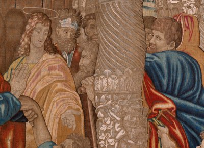 Vlámský gobelín. řada Skutky apoštolů. Zázrak chromého muže (El milagro del paralítico). Třetí tapisérie v sérii. Kreslený model od Rafaela Sanzia. 1519. Manufaktura Jan Raes II, Brusel. Ca1605-1629. Tkanina Hedvábí a vlna. Rozměr 524 x 400 od Raphael