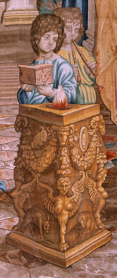 Vlámský gobelín. Řada Skutky apoštolské. Svatý Pavel a svatý Barnabáš v Lystře (San Pablo y San Bernabé en Lystra). 8. látka v sérii, byla rozdělena na dvě části, aby se přizpůsobila místnosti. Kreslený model od Rafaela Sanzia. 1519. Manufaktura Jan Raes od Raphael