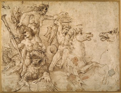 Bitva Tritonů, po Andrea Mantegna (pero a hnědý inkoust na bílém papíře) od Raphael
