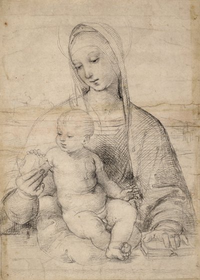 Madona z granátového jablka, kolem 1504 (černošedá křída) od Raphael