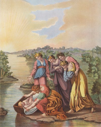 Mojžíš je zachráněn z vod Nilu (barva litho) od after Raphael