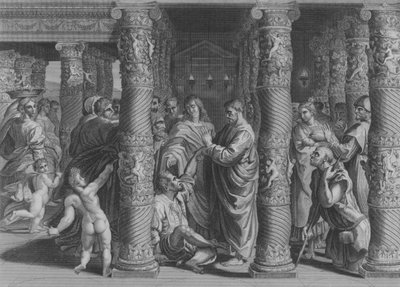 Petr a Jan u krásné brány, Skutky 3, verš 1-12 (rytina) od after Raphael