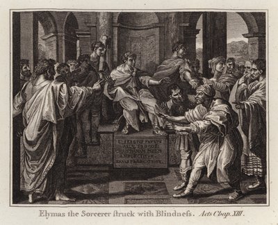 Karikatura Raphaela: Čaroděj Elymas zasažen slepotou, Skutky, kapitola XIII (rytina) od after Raphael