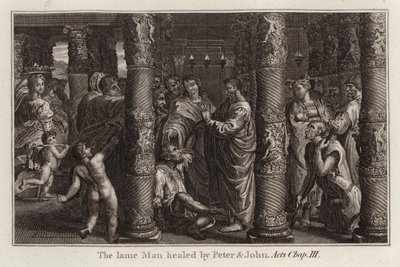 Karikatura Raphaela: Chromý muž uzdravený Petrem a Janem, Skutky, kapitola III (rytina) od after Raphael