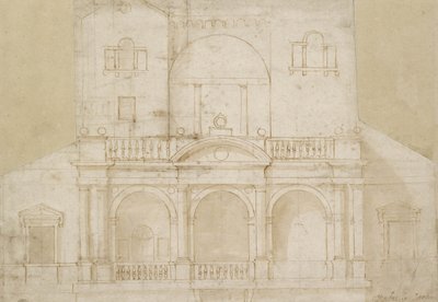 Architektonický design (Villa Madama) (pero a hnědý inkoust s hnědým praním na špinavě bílém papíře) od Raphael