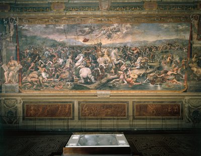 Freska od Raffaella Sanzia (1483-1520) a následovníků (1517-1524), zobrazující bitvu u Ponte Milvio, Sala di Costantino, Vatikánské pokoje, Vatikánský palác, Vatikán. od Raphael