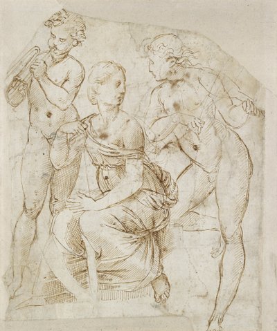 Skupina hudebníků (pero a hnědý inkoust na bílém papíře) od Raphael