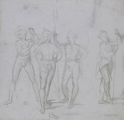 Skupina čtyř stojících vojáků (stříbrný bod na modrošedém preparátu na špinavě bílém papíře) od Raphael